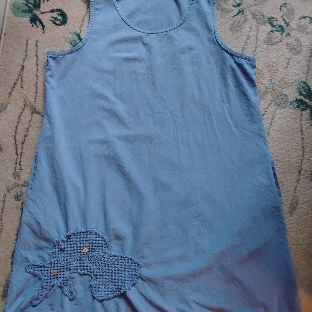 Lulu B - Women's Blue Embroidered Star Fish Midi Dress - Size L - Side Pockets